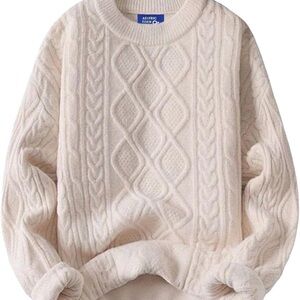 Electric Family Men's Ivory Cable Knit Crewneck Sweater